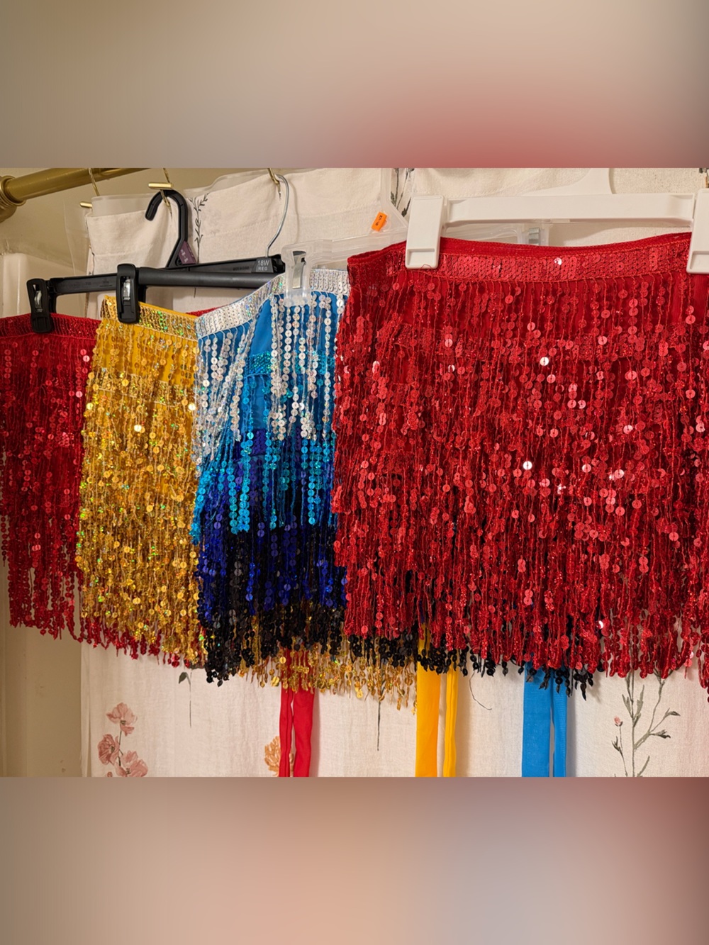 2Red /1 yellow/1 blue dance/costume/sequin Fringe Mini Skirt w/tie and open side